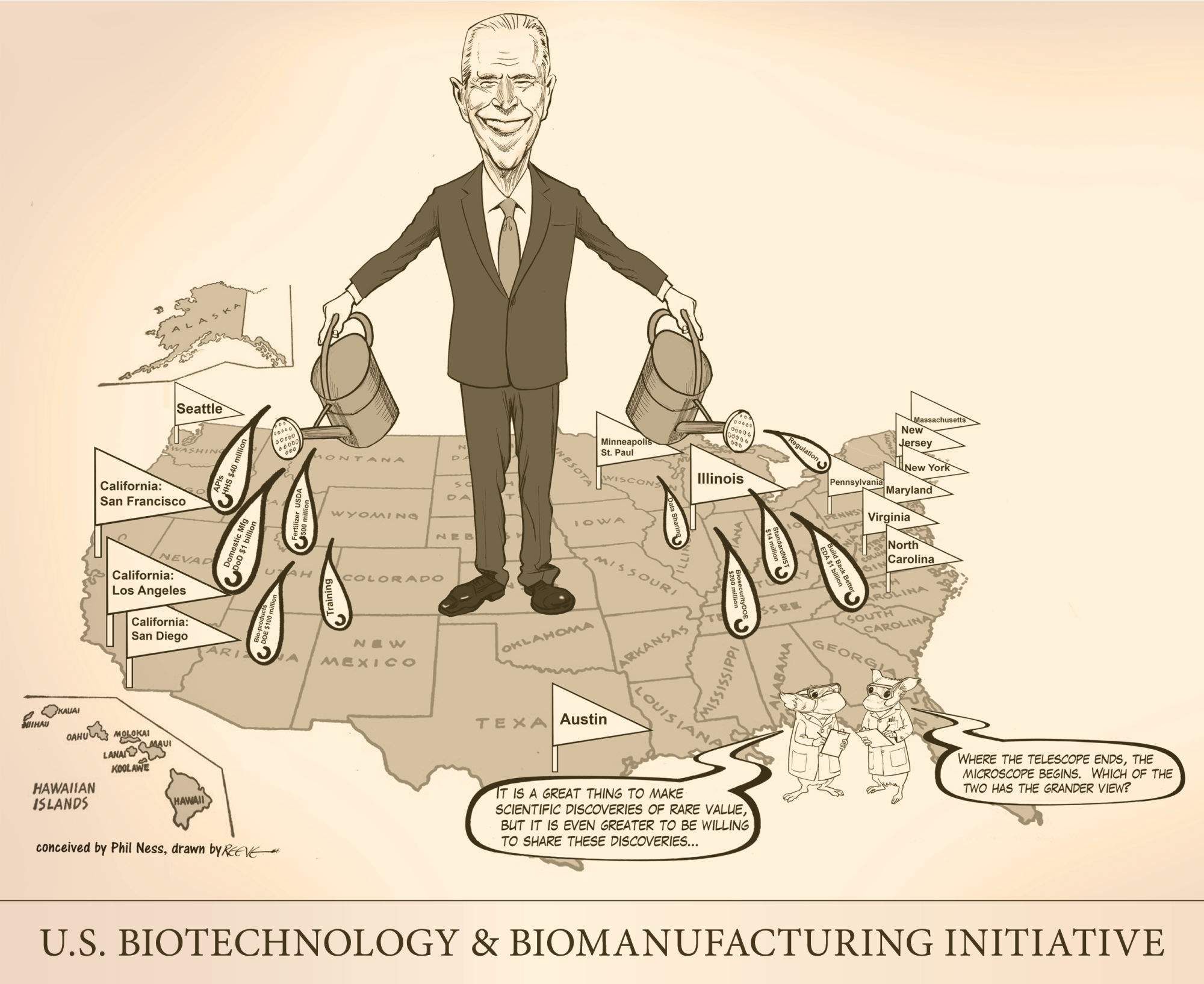 Cartoon: U.S. Biotechnology & Biomanufacturing Initiative, Conceived by Phil Ness, drawn by Reeve, 2022.